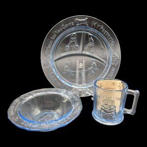 Vintage Tiara Glass Blue Nursery Rhyme 3 pc. set of Children's Embossed Dishes